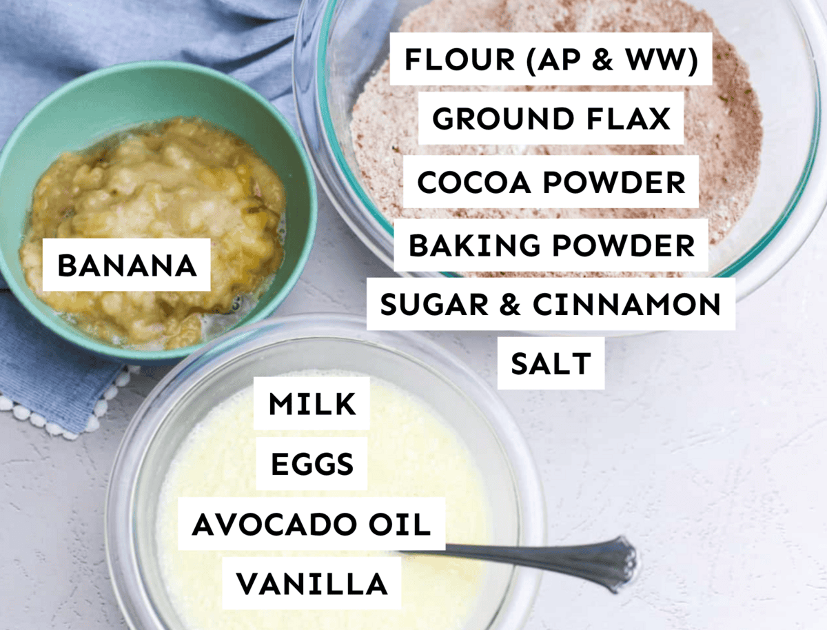 ingredients in bowls for chocolate waffles.